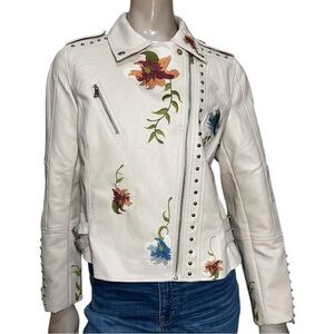 Women's Size XL Cream Ivory Embroidered Flowers Faux Leather Motorcycle Jacket